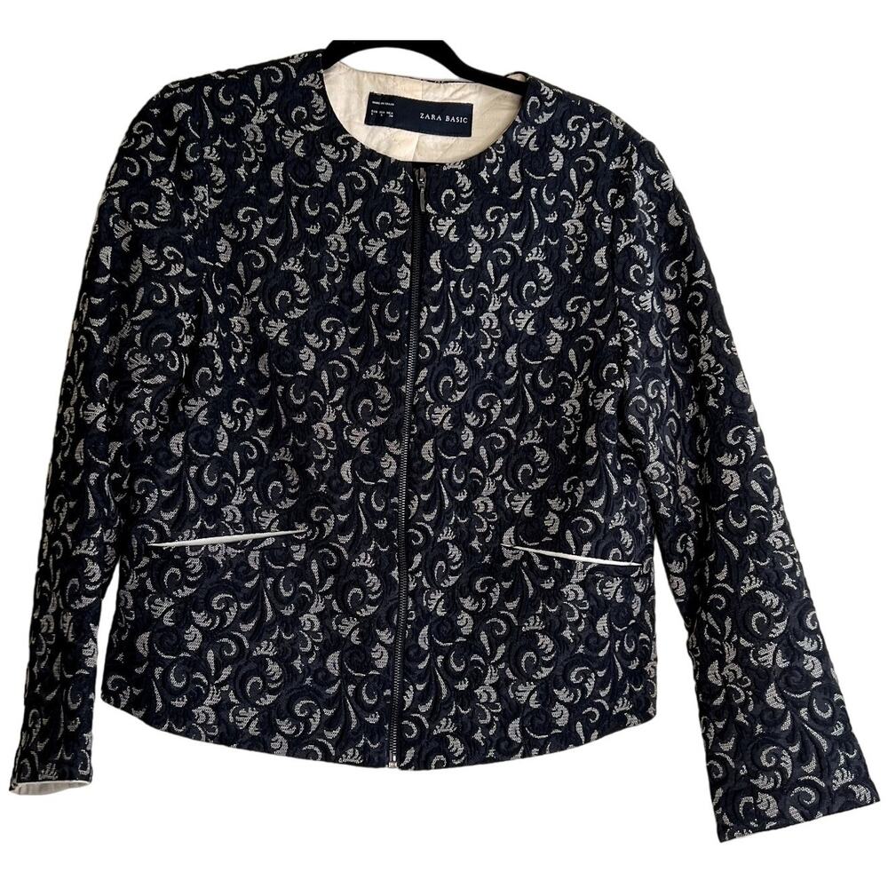 Zara Made in Spain Women Large Damask Quilted Blazer Jacket Paisley Business